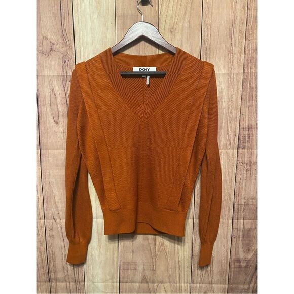 DKNY Small rust red/orange pullover Flange Sweater women’s top v-neck - Picture 1 of 9